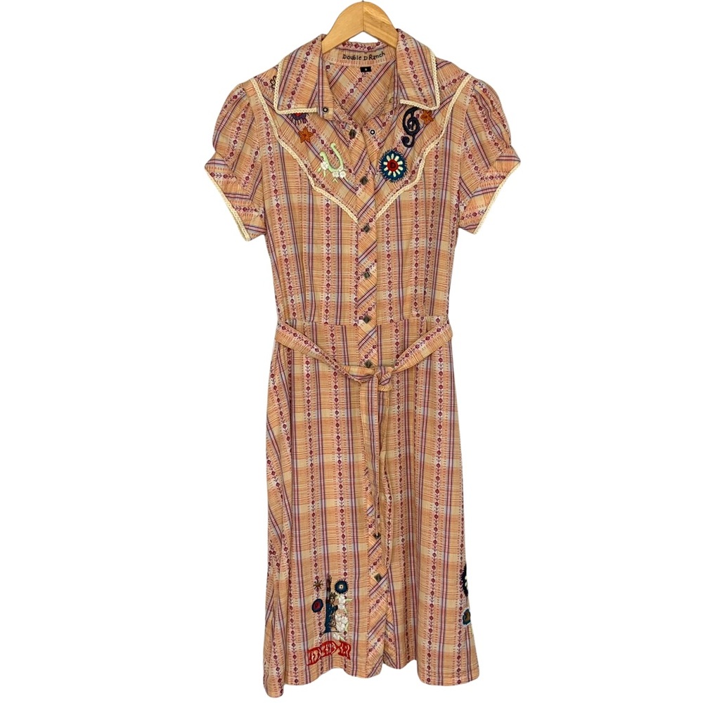 Double D Ranch Embroidered Western Snap Button Up Belted Dress Size 8 Orange